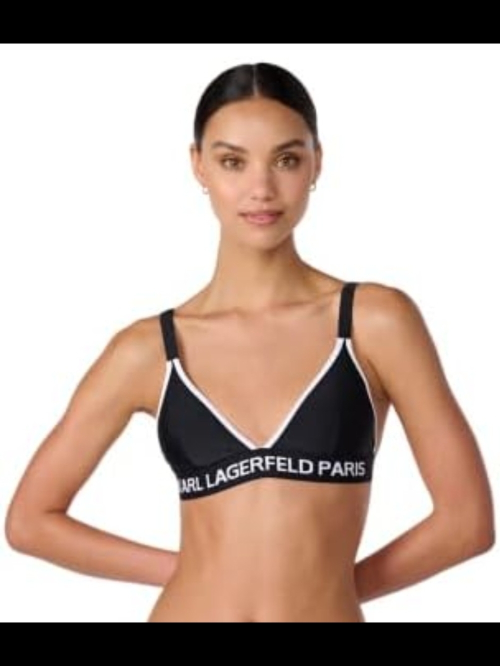 Karl Lagerfeld Logo Underband Triangle Bikini Top Black And White Trim XS